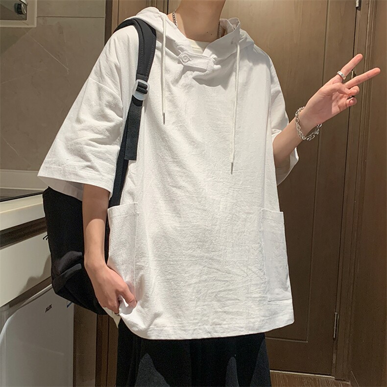 夏季美式复古工装短袖卫衣夏薄款2024连帽t恤潮牌日系七分袖半袖,男装T恤,星座1013