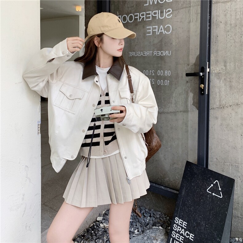 撞色拼接翻领米白色皮衣短外套女春秋2025新款甜美百搭PU皮夹克,女装短外套,浙宝208