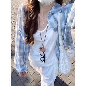 长袖衬衣外套蓝色格子衬衫女春秋慵懒风宽松休闲百搭上衣 CS364图片