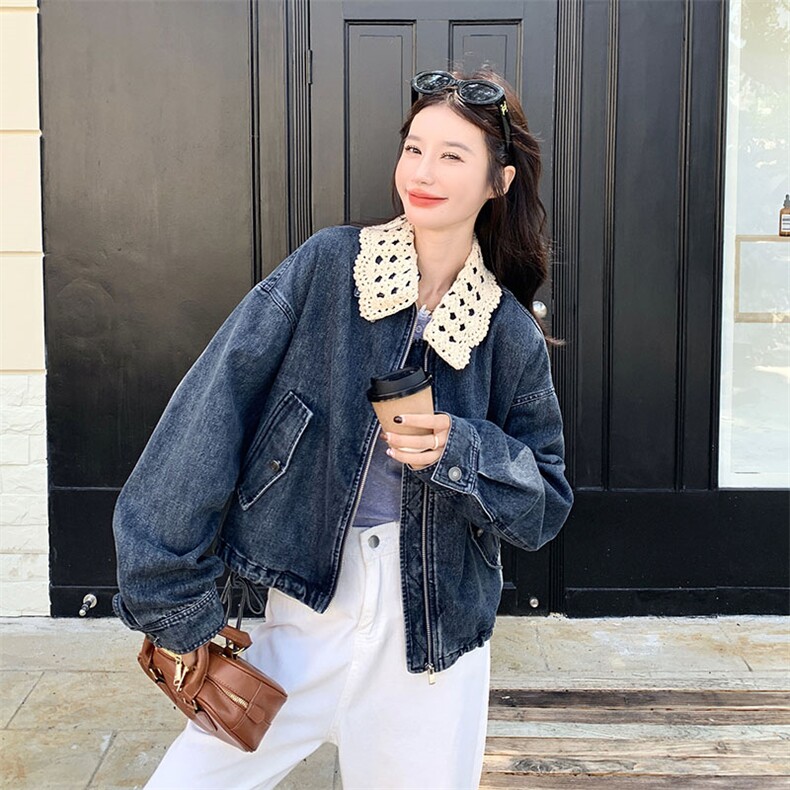 蓝色复古针织翻领拼接牛仔短外套女2025秋新款小个子休闲百搭夹克,女装短外套,2C305