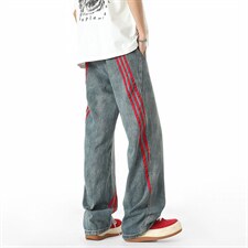 斜杠三条纹红黑撞色拼接显瘦微喇牛仔裤XZ201-S7096P48，男装牛仔裤，星座201