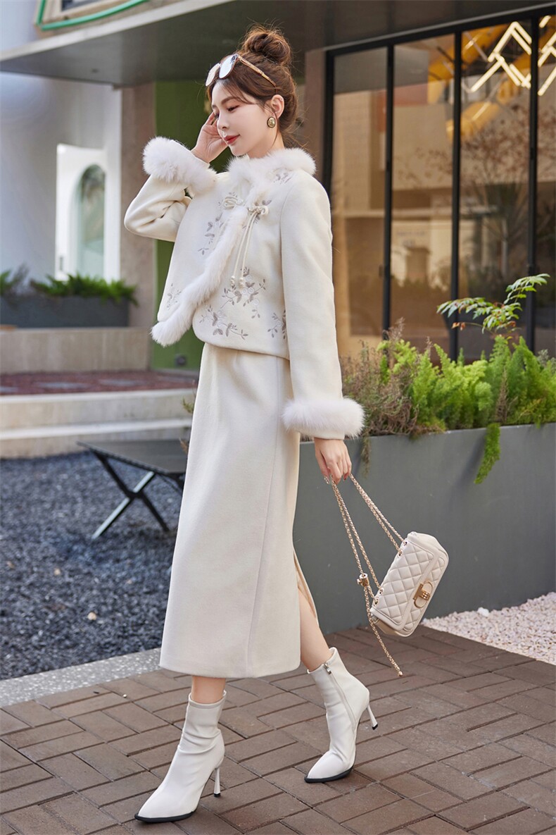 小香风2023秋冬新款高级感新中式国风狐狸毛羽绒服冬裙,女装羽绒服,雅静靓衣