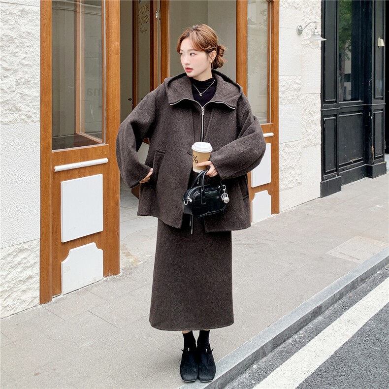 淡人气质感羊绒时尚套装裙女2025年冬季连帽马甲大衣半身裙三件套,女装羊绒大衣,2D078
