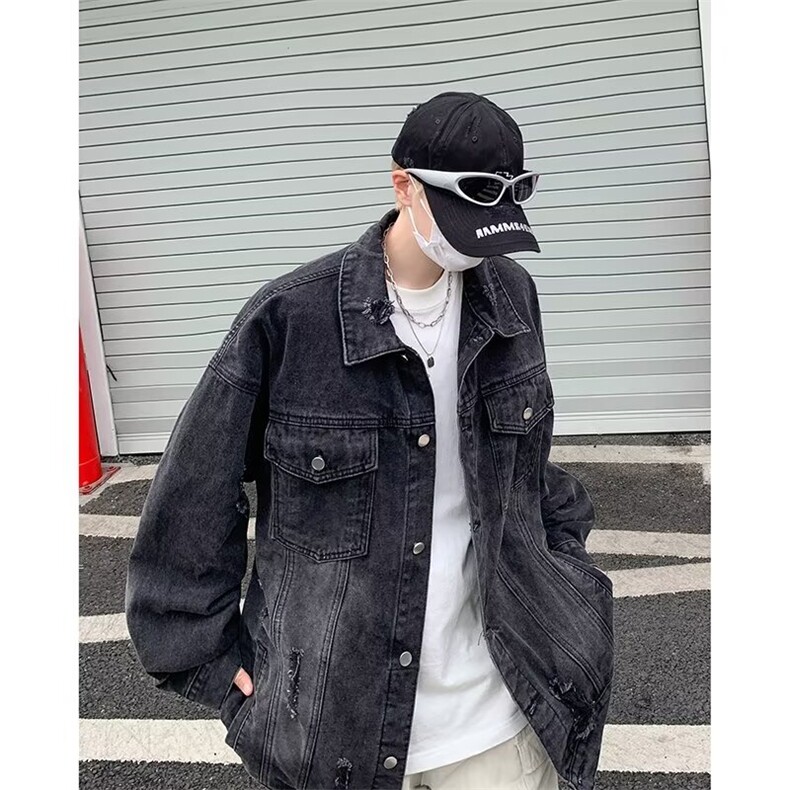 水洗做旧牛仔外套男春秋破洞美式复古痞帅休闲夹克J8836-P65,男装工装外套,星座1001-1