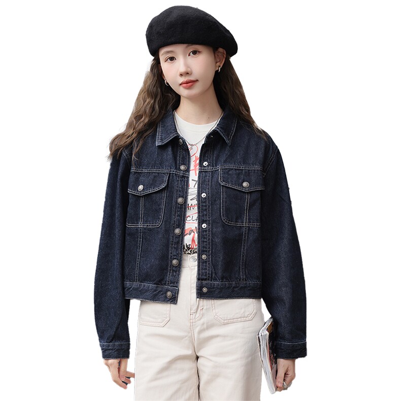 现货可推2024新款秋装港风复古简约宽松休闲气质水洗牛仔外套女,女装牛仔外套,苗苗