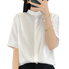 真丝衬衫女上衣2025年春夏装新款大码短袖时尚设计感纯色气质衬衣，女装衬衫，朝贺羊绒