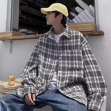 455-P49男生早秋穿搭小香风外套高级感格子翻领潮牌衬衫痞帅，男装衬衫，电商B323A