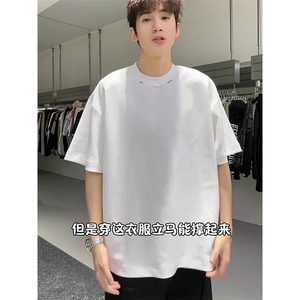 抖音得物品质二开240克宽松纯棉美式高街痞帅潮牌金属装饰短袖T恤图片