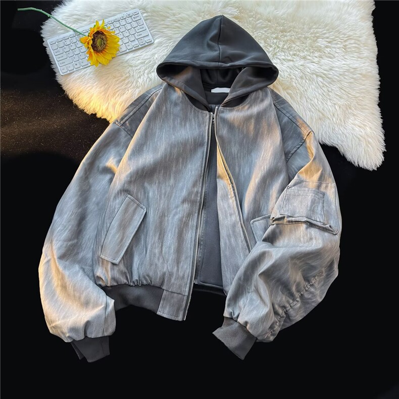 美式复古棒球服皮衣男春秋季宽松情侣连帽pu皮纹理夹克假两件外套,男装皮衣,星座601-1
