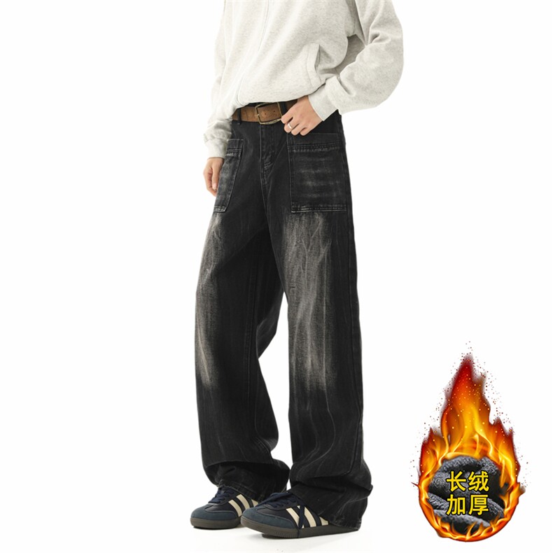 B221美式ins高街暗黑宽松直筒加绒牛仔裤LK24348-特P58控98，男装牛仔裤，电商B221