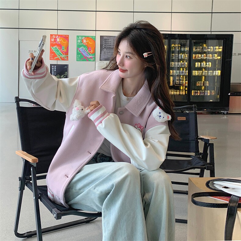 小众设计感立体撞色粉色棒球服女春秋季宽松多巴胺学院风可爱外套,女装毛呢外套,天使之佳话