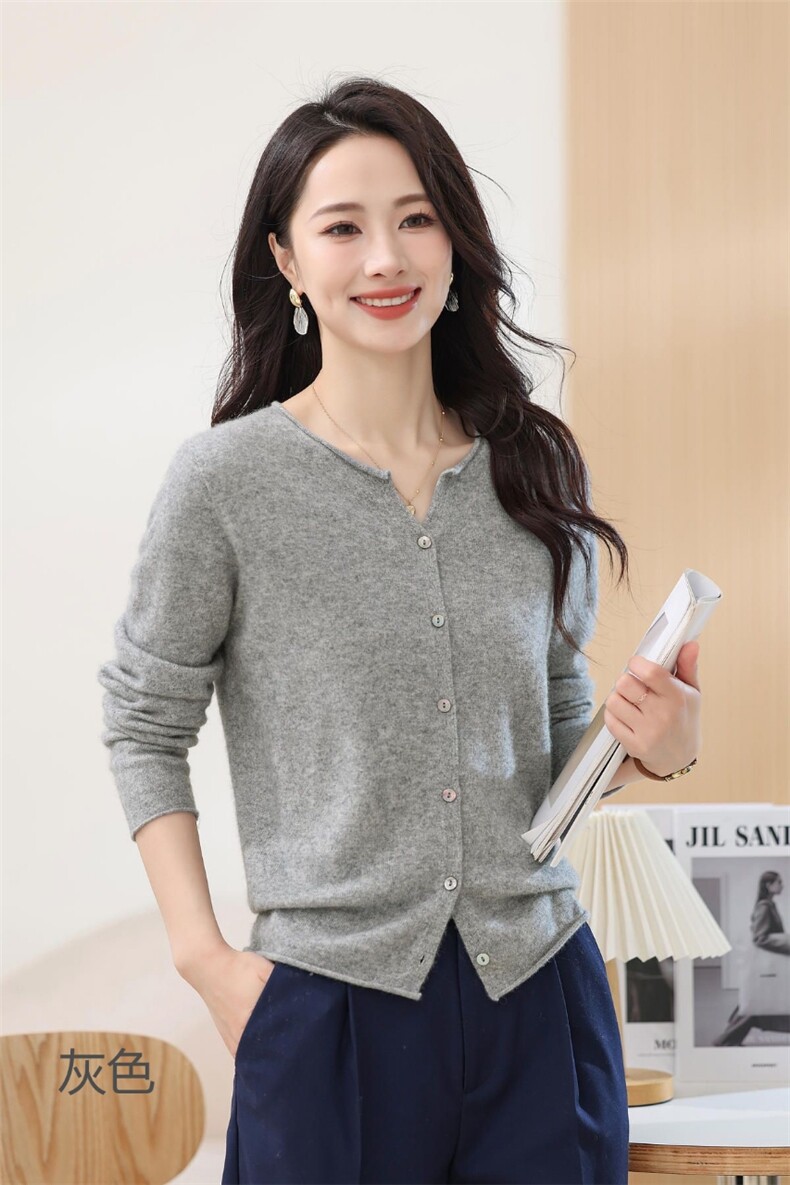 秋冬季羊绒休闲简约时尚百搭卷边V领开衫,女装羊绒衫,纳驰羊绒