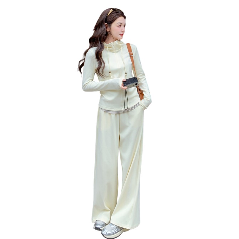 【新品】条纹拼接假两件上衣阔腿裤两件套,女装套装/套裙,2B076