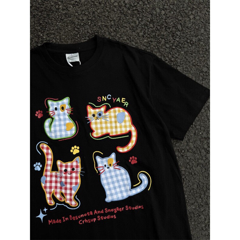 【有货】BK896CC-特P35 猫咪刺绣短袖T恤男女情侣款图片