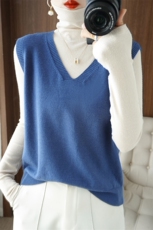 针织马甲女坎肩V领套头无袖毛衣韩版宽松休闲外搭帽衫上衣秋季新，女装马甲，春韵羊绒