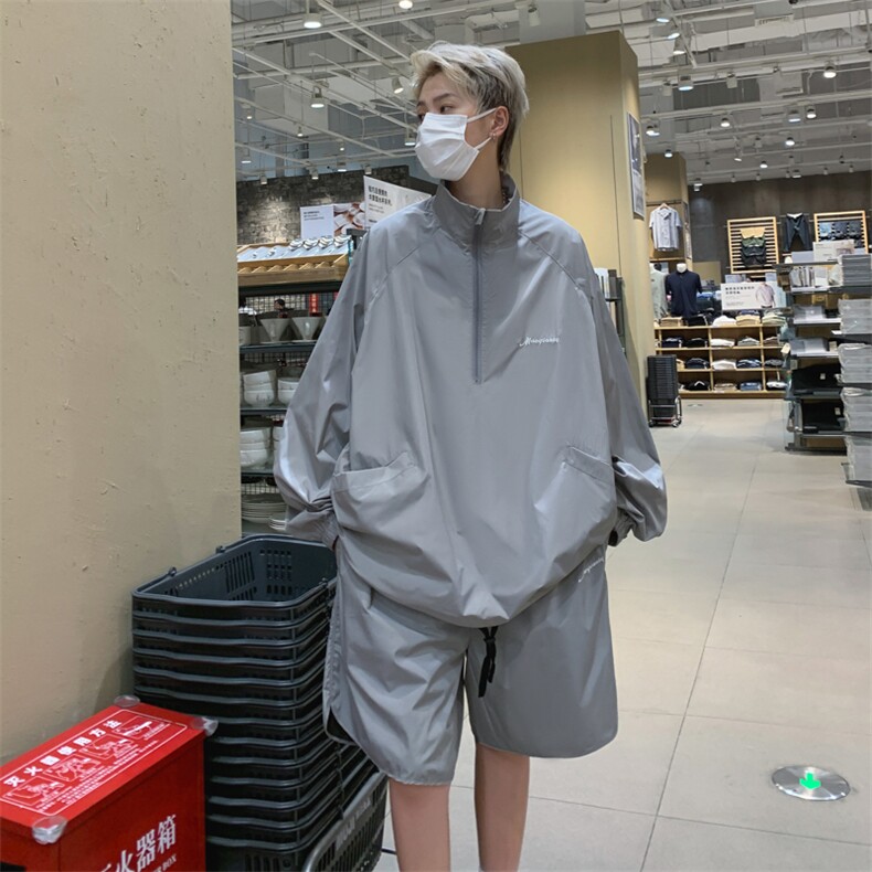 防晒套装男韩版潮流字母刺绣高街帅气2023新款五分裤夏W4922-P50，男装休闲套装，星座412-3