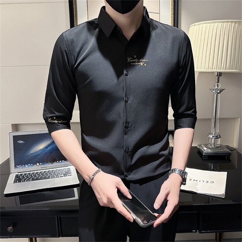 店主风夏季男士刺绣痞帅修身七分袖衬衫301A-1/CS331/P55,男装衬衫,星座301A-1