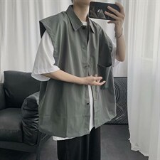 无袖衬衫男宽松港风日系ins夏季薄款外穿衬衣韩版潮流百搭C07-P28，男装衬衫，星座1008-1