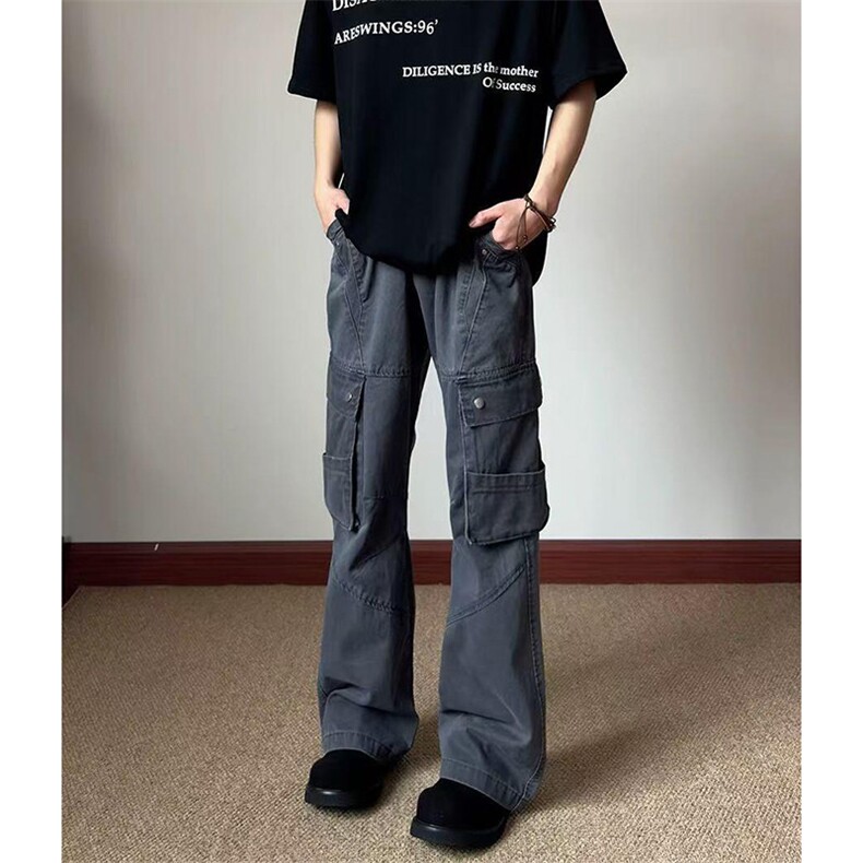 灰色微喇工装牛仔裤男夏季薄款cleanfit裤子美式高街提裆弯刀长裤,男装牛仔裤,四季星座505