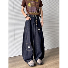 廓形弯刀牛仔裤男女春夏新款字母印花设计感宽松阔腿裤N6407-P52，男装牛仔裤，星座308B-1