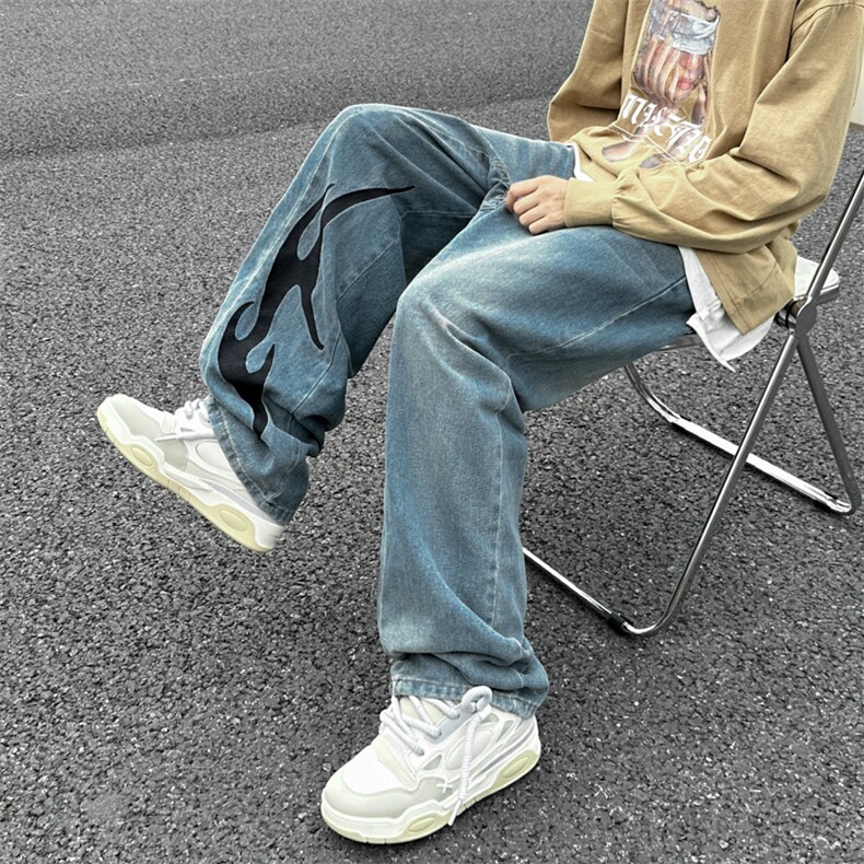 潮美式街头水洗刺绣牛仔裤男小众设计宽松直筒长裤N07168-P55,男装牛仔裤,星座308B-1