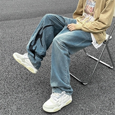潮美式街头水洗刺绣牛仔裤男小众设计宽松直筒长裤N07168-P55，男装牛仔裤，星座308B-1