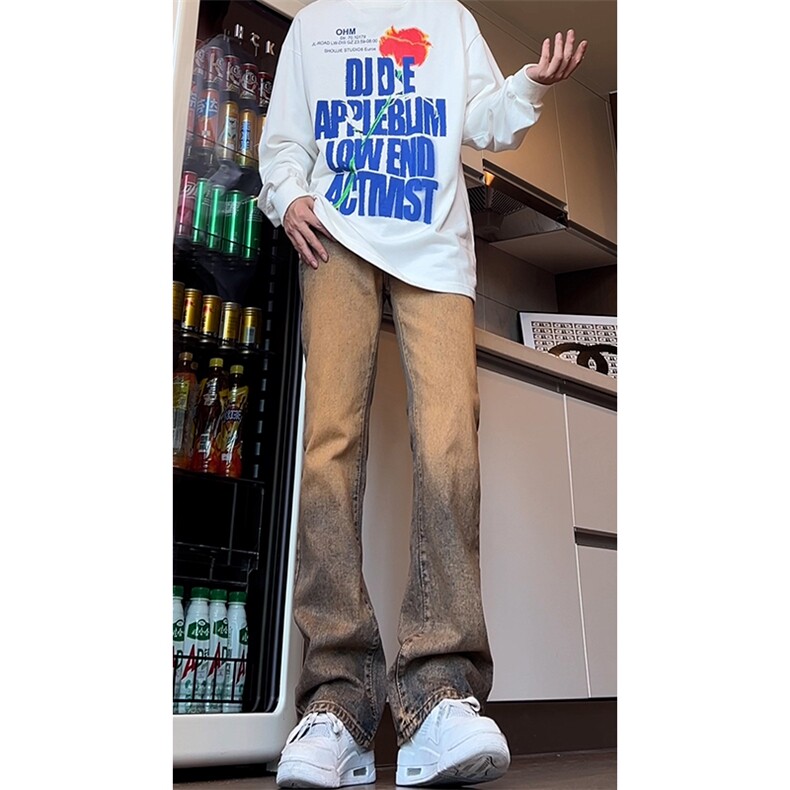 美式复古黄泥牛仔裤男提档版型废土风裤子cleanfit弯刀直筒微喇裤,男装牛仔裤,电商B221