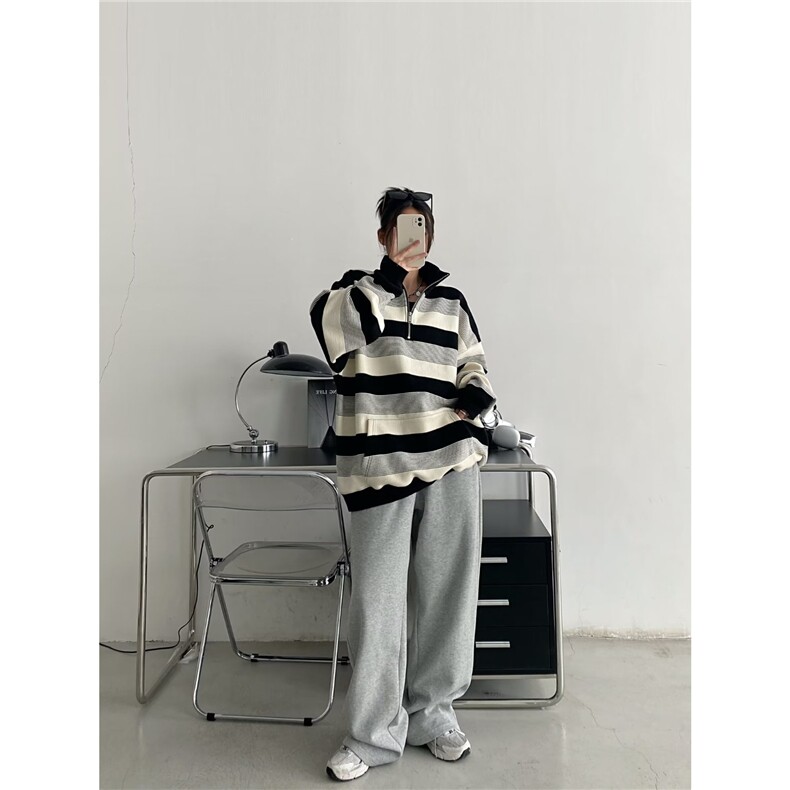美式复古条纹卫衣女春秋季薄款宽松bf慵懒风小众长袖上衣WY8805,男装卫衣,星座208-5