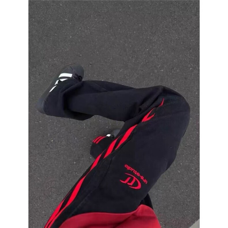 斜杠三条纹撞色拼接男休闲裤子美式牛仔微喇直筒裤NZ130-P40,男装休闲裤,星座308B-2