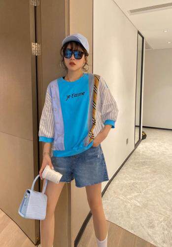 【现货】夏季新款针织衬衫竖条拼接款字母刺绣时尚休闲圆领卫衣，女装衬衫，微迪菲