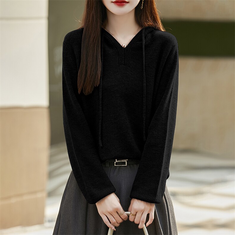 25秋冬100%羊毛衫女连帽长袖宽松显瘦休闲减龄毛衣羊绒针织衫打底,女装羊毛衫,朝思羊绒