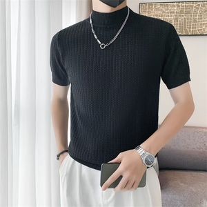 男士韩版打底毛衣半袖修身黑白纯色短袖针织衫半高领P3302-P45图片
