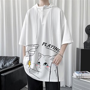 LD54129-P45 连帽短袖t恤男大码胖子带帽五分袖中袖图片