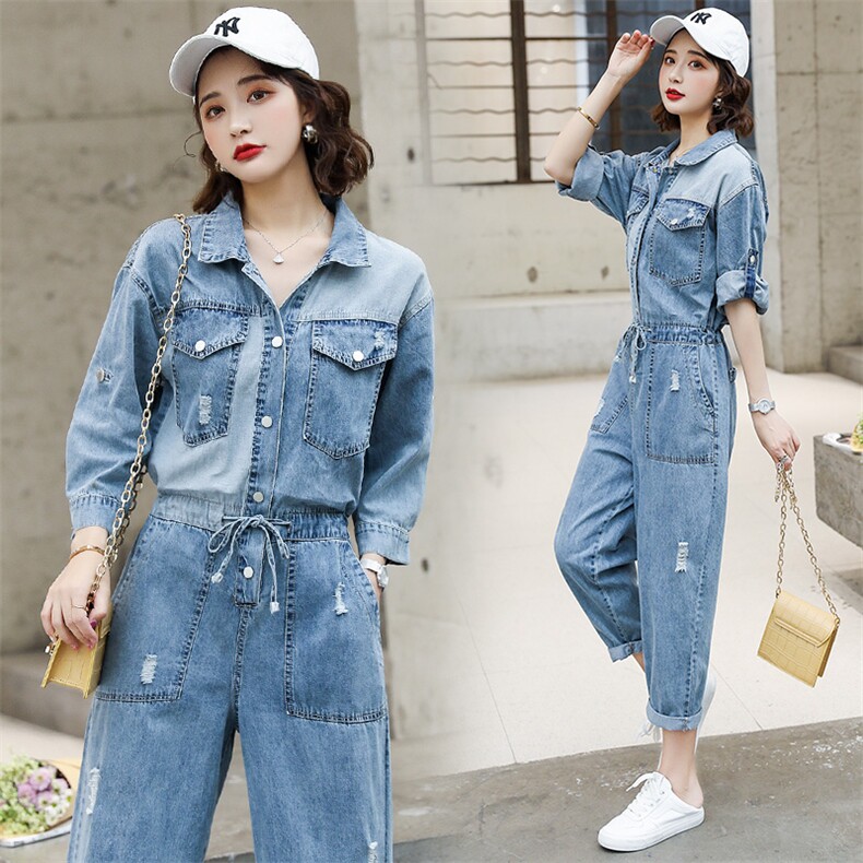 牛仔连体裤女2022夏季新款女装高腰显瘦百搭帅气工装休闲连衣裤潮,女装休闲裤,慧尚依恋