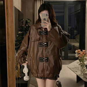 A343-P120 美式复古皮衣男女春秋设计感宽松机车PU皮夹克潮图片