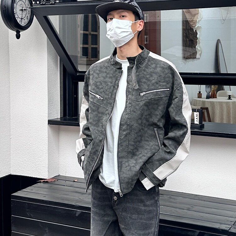 拼皮垫肩立领机车夹克情侣款美式复古磨砂质感外套上衣JK8553,男装夹克,星座516A