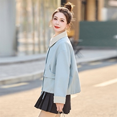 蓝色撞色翻领工装风衣外套女2025春新款韩系宽松减龄休闲夹克上衣，女装短外套，慕咨