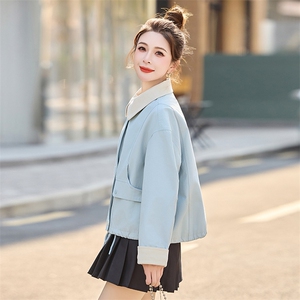 蓝色撞色翻领工装风衣外套女2025春新款韩系宽松减龄休闲夹克上衣图片