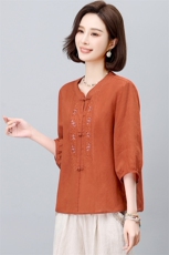 长期有货2026年夏新款苎麻莱赛尔天丝麻刺绣上衣衬衫女中短袖T恤，女装衬衫，璐依舞
