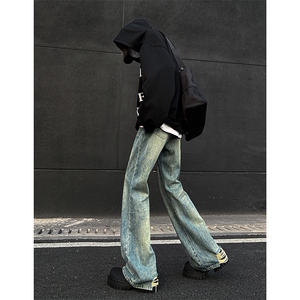 美式高街vibe重工艺做旧水洗hiphop喇叭牛仔裤货号K2402P60图片