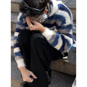 【有货】MY366LL-特P58 水貂毛条纹连帽毛衣男慵懒风针织衫外套图片