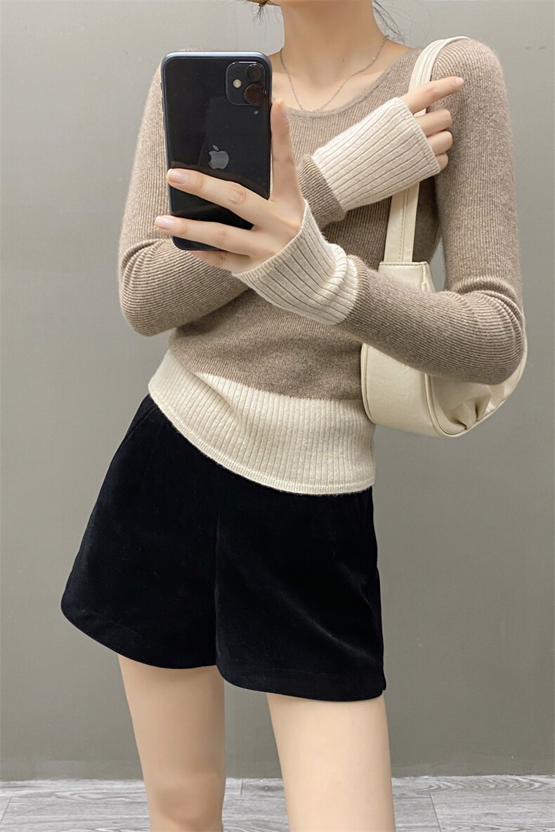 高级感山羊绒拼色女秋冬收腰显瘦内搭套头毛衣上衣气质圆领羊绒衫,女装羊绒衫,织绒羊