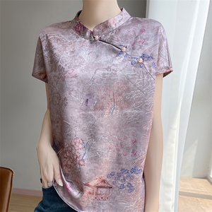 专柜品质~新中式国风盘扣真丝衬衫女夏季新款复古印花小飞袖上衣图片