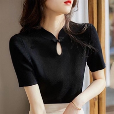 白色小立领针织短袖t恤女薄款2025年夏季，女装针织衫/毛衣，圣旺供货
