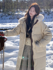 水衣源8806款中长款连帽狐狸毛领宽松阔版加厚保暖羽绒服女，女装羽绒服，水衣源