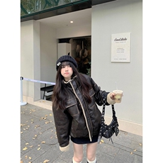 Cuitcuit秋冬pu面美拉德翻领皮夹克美式复古宽松加厚羊羔绒棉服，男装棉衣，星座506A