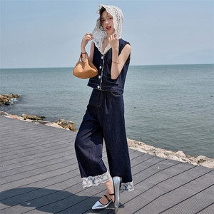 2025夏季新款韩版时尚显瘦马甲拼接阔腿裤两件套女设计感小众套装，女装套装/套裙，苗苗