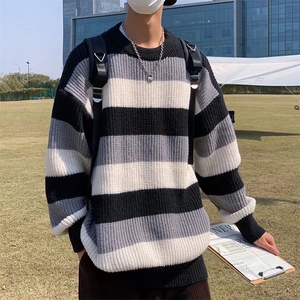 条纹拼色毛衣男秋冬ins潮流宽松打底上衣M668P35图片