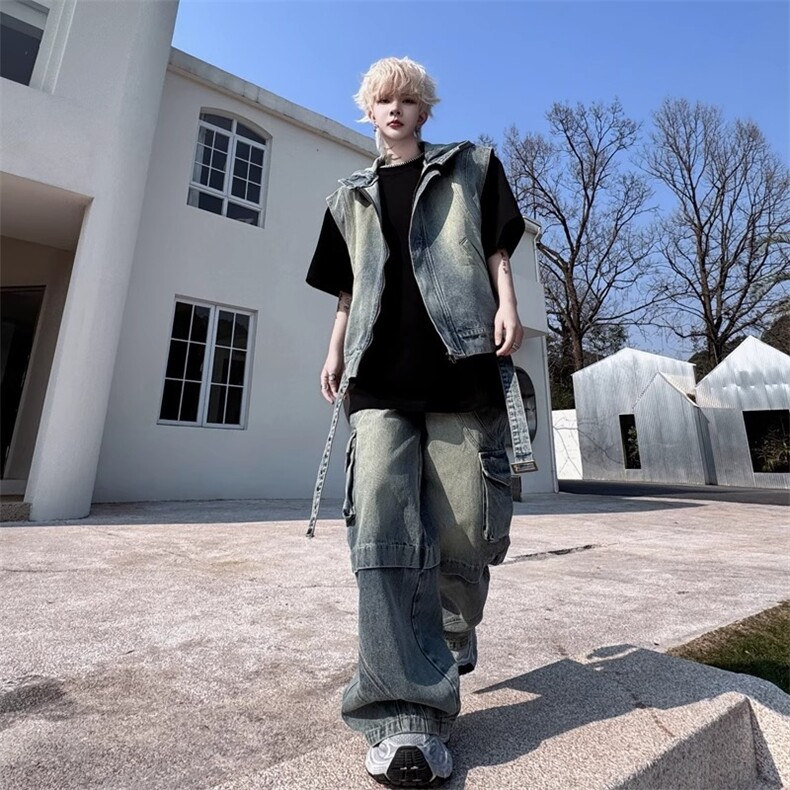 美式高街牛仔复古连帽马甲多袋牛仔长裤男宽松套装两件套潮牌春夏,男装背心/马甲,星座1210-1