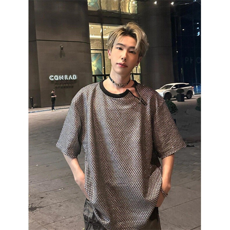 CP1186-P49计感垫肩t恤潮牌痞帅亮晶晶半拉链短袖男夏季高级感，男装T恤，电商B323A